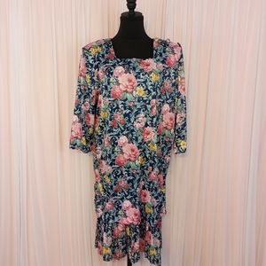 Vintage Floral Midi Dress - Blue and Pink